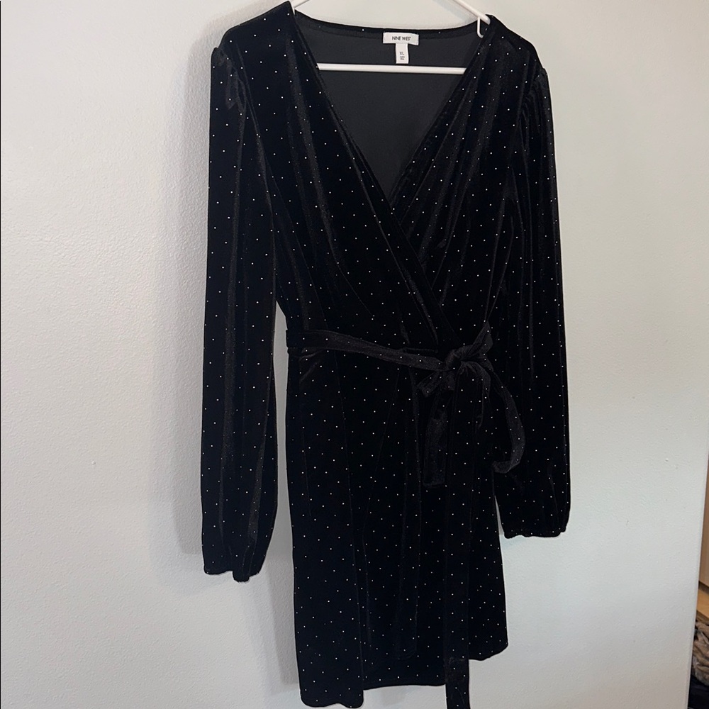 Nine West Black Velvet Wrap Dress with Silver Dot Accents